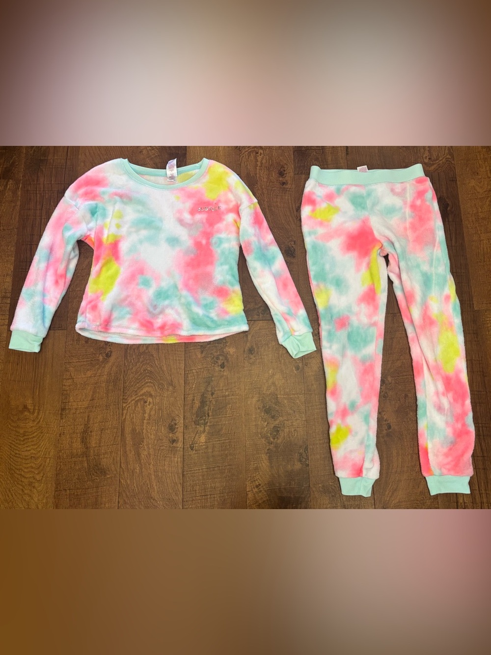 Justice girl youth tie dye 2 two piece pajama set size large 12/14 fleece